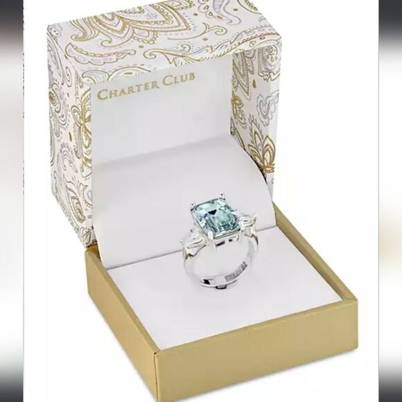 🎁Charter Club Aqua Cut Crystal Ring in Silver Plate, Size 10 - Picture 2 of 4